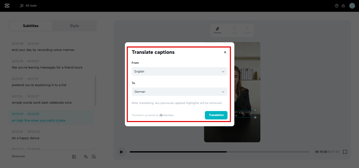 CapCut Web altyazı çevirisi