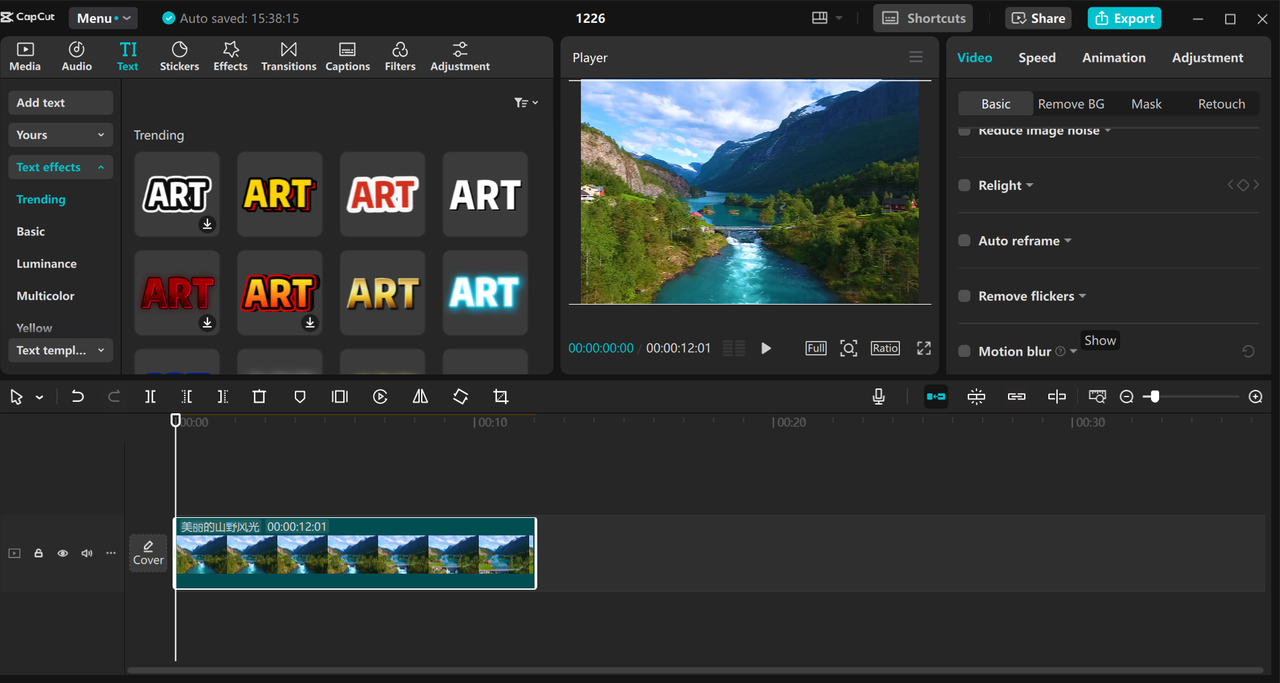Interfața editorului video CapCut desktop
