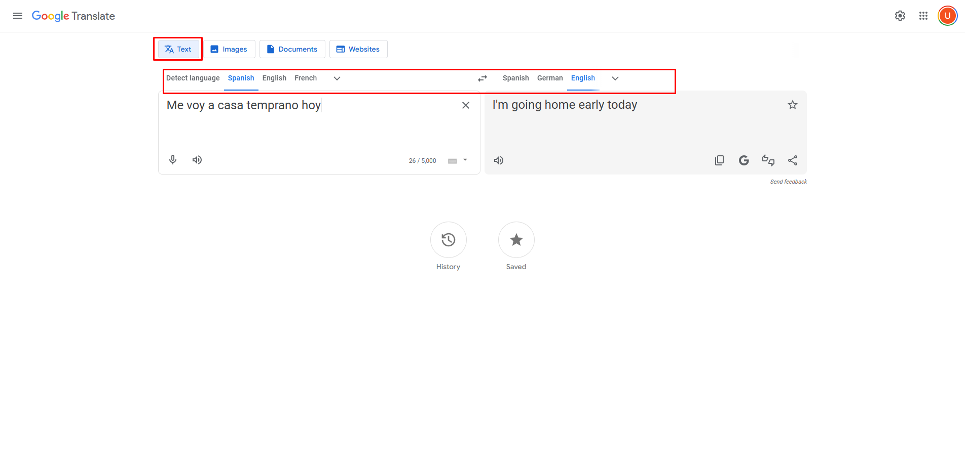 Zeigt, wie man spanischen Text mit Google Translate ins Englische übersetzt.