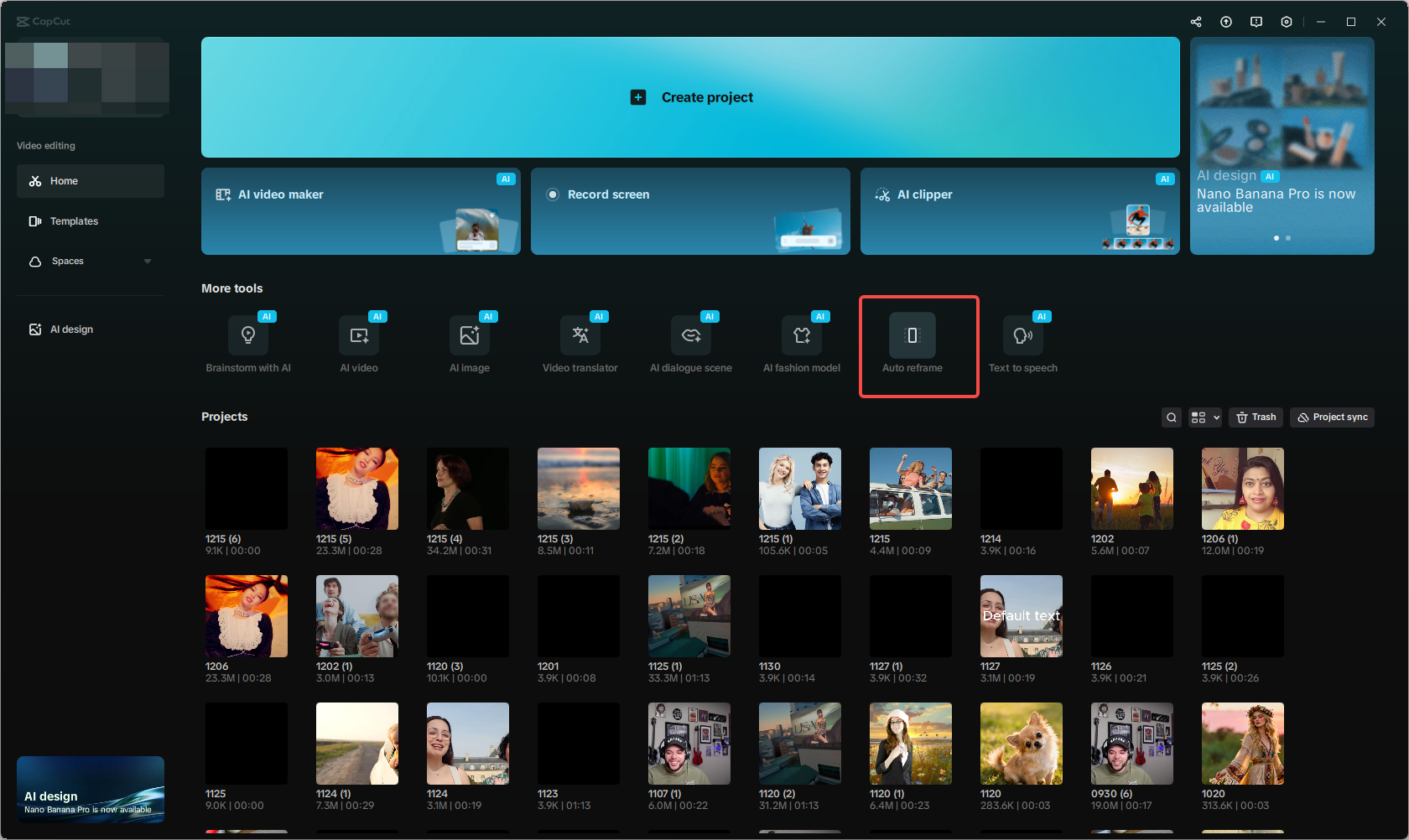 Open CapCut's auto reframe tool