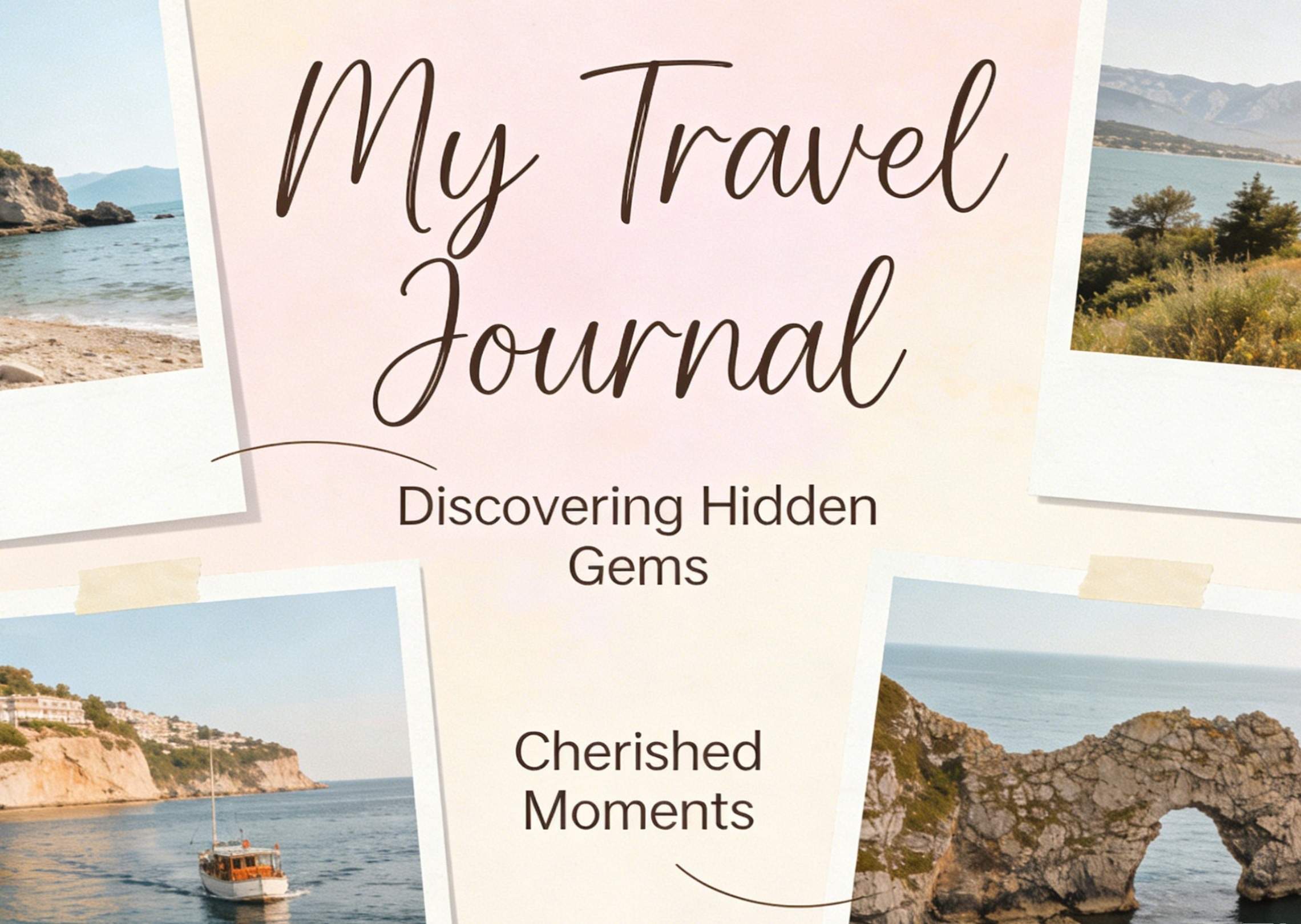 Create a travel diary poster with scenic images and handwritten-style English text