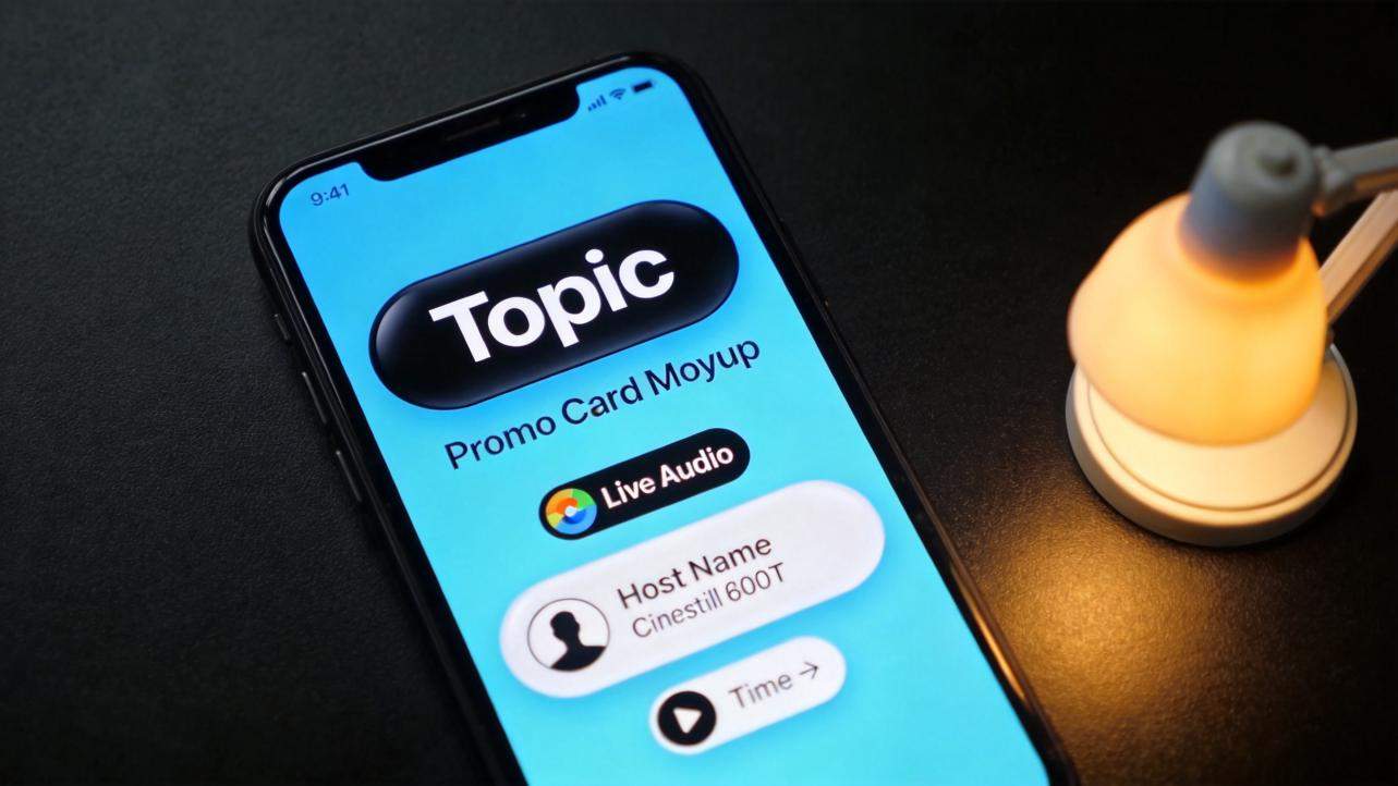 Phone mockup showing a live audio promo card with topic, host name, and time