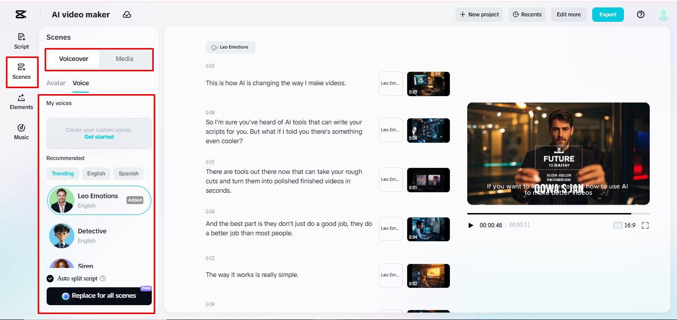 Generierung eines Voiceovers für ein Video in CapCut's AI Video Maker