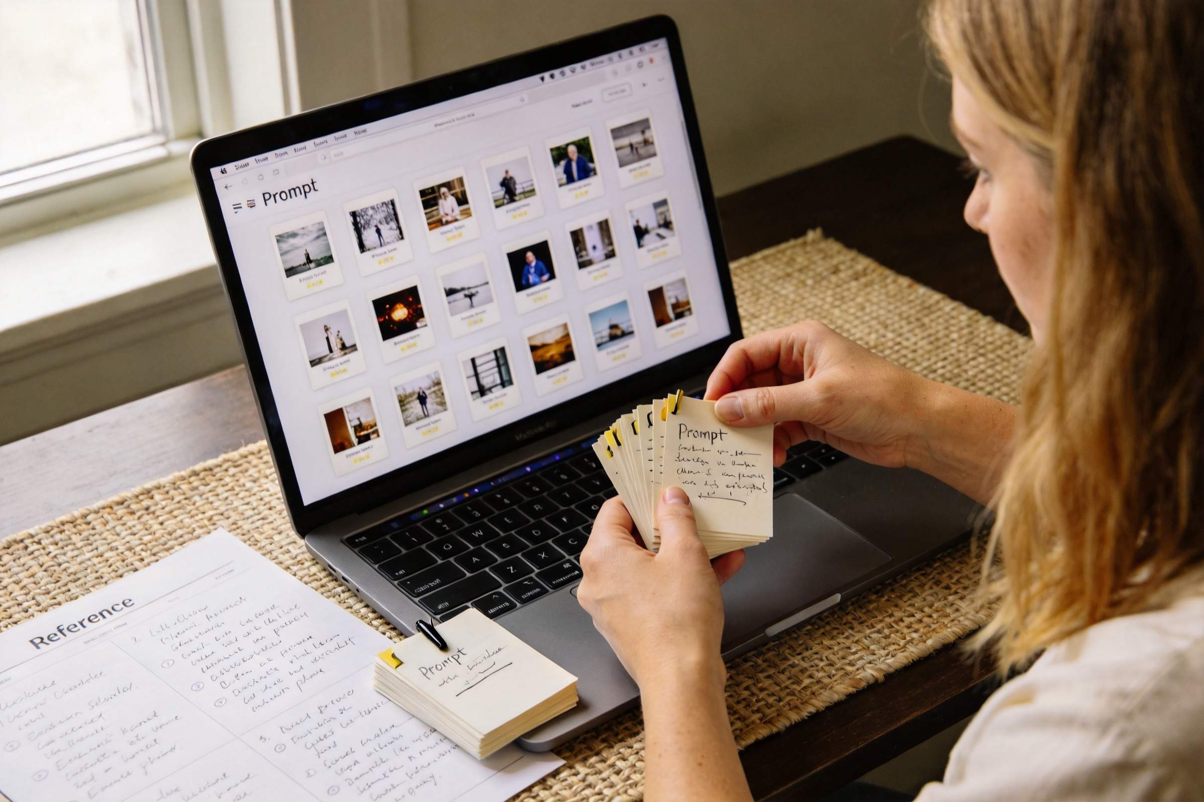 Woman reviewing prompt cards beside a laptop showing a prompt library grid