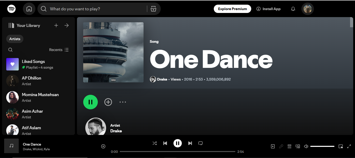 Интерфейс One Dance Дрейка - больше всего слушается песня Spotify