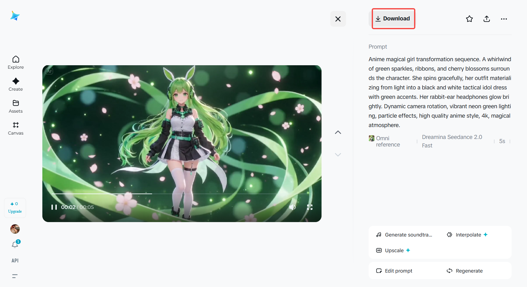 Downloading the video in Dreamina