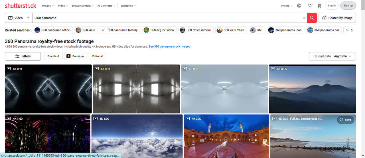 Interface von Shutterstock zeigt eine Vielzahl von Panoramavideos in HD- und 4K-Auflösung