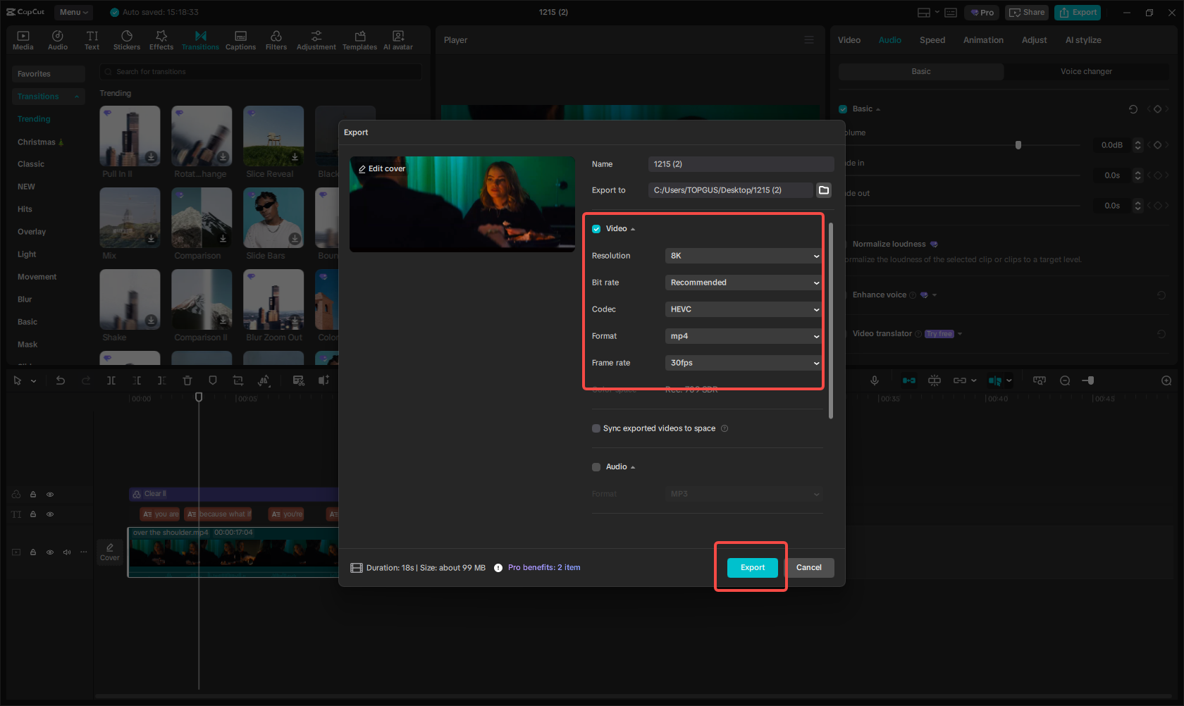 Export the edited over the shoulder shot video