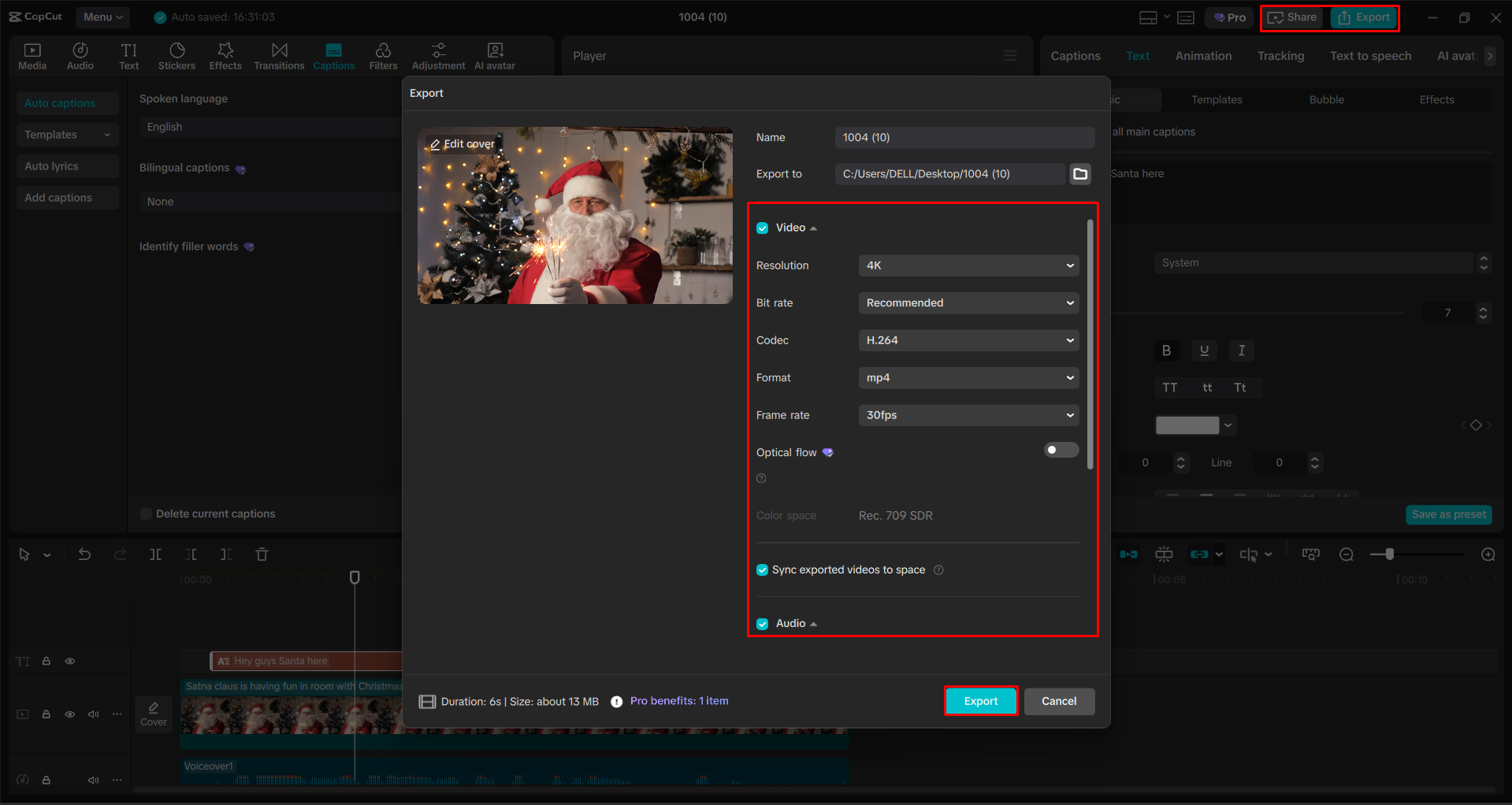 Exporting a video from the CapCut desktop video editor