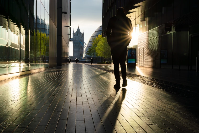 Backlit building with dramatic shapes and light