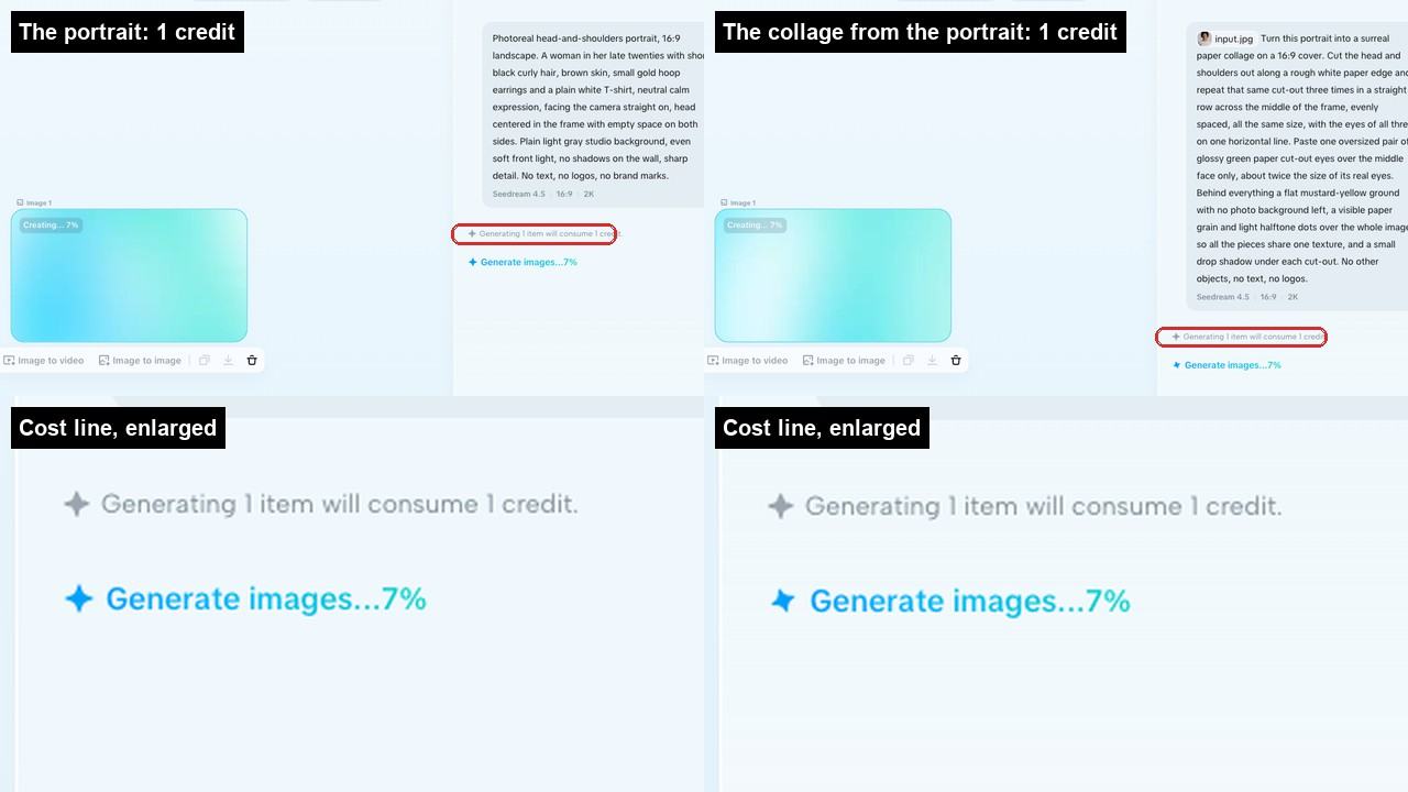 Two canvas views with their cost lines enlarged: the portrait request and the collage request each show Generating 1 item will consume 1 credit.