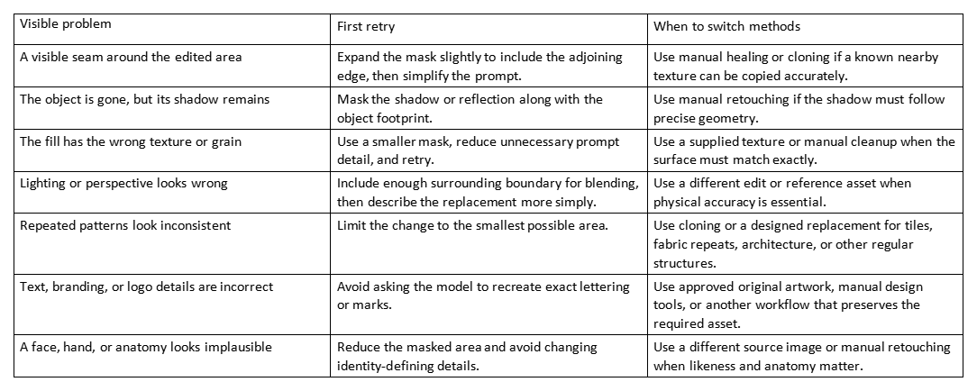 Table of inpainting problems, first retries, and when to switch methods