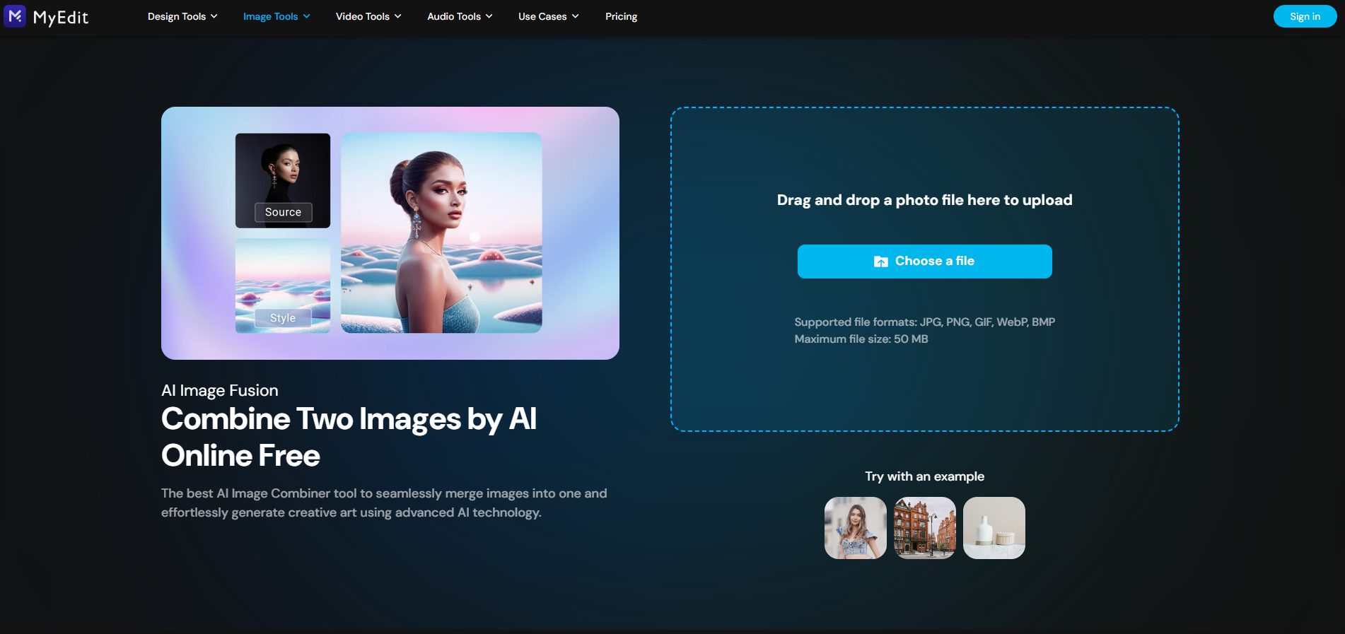 Interface of MyEdit Online - a tool to merge photos with AI