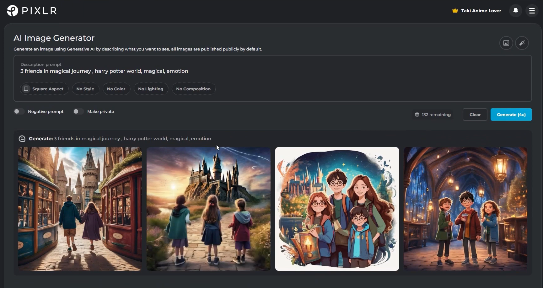 Interface of Pixlr - a free online AI text to image generator