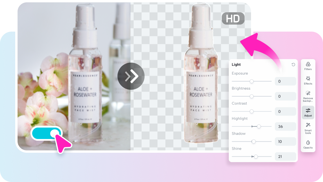 description=A before-and-after comparison showing a product image with a cluttered background transformed into a professional shot with a clean AI-generated background using Pippit.