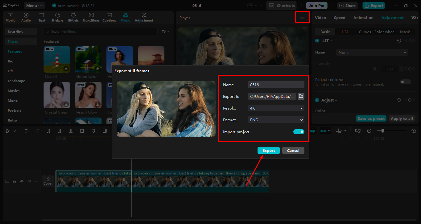 Export an image in 8K from the CapCut desktop video editor