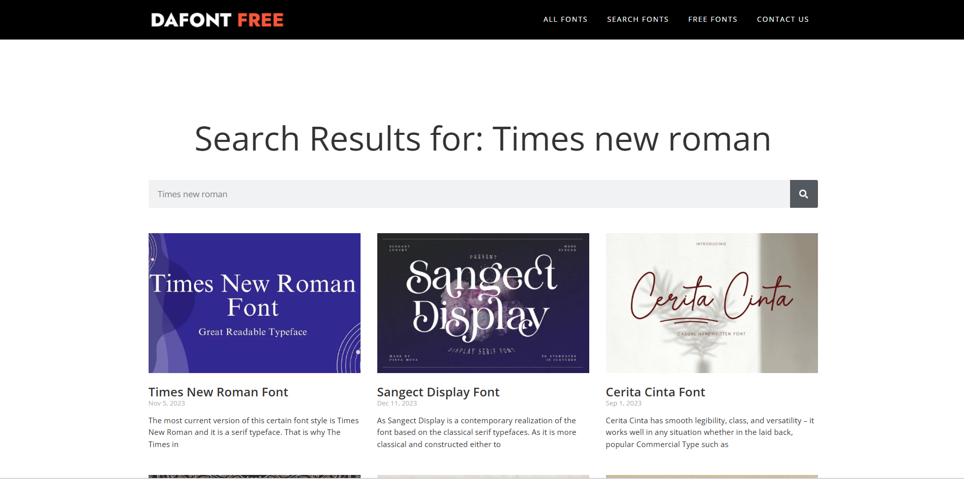 DafontFree의 인터페이스 - Times New Roman 글꼴을 무료로 다운로드할 수 있는 또 다른 장소