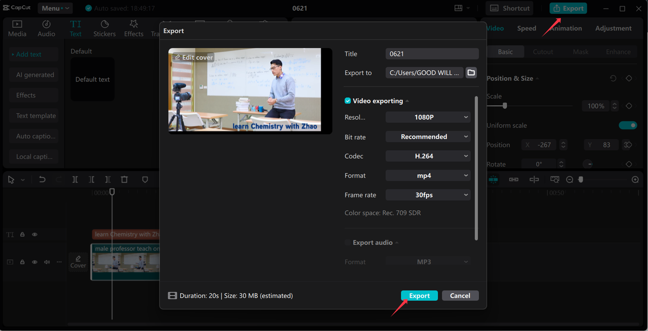 Exporting file in the CapCut desktop video editor after adjusting the lighting for video