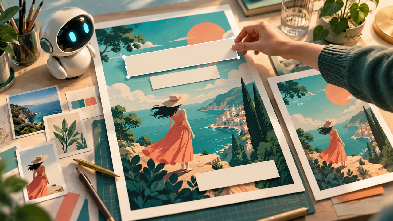 Layered poster artwork, blank title strips and a print proof