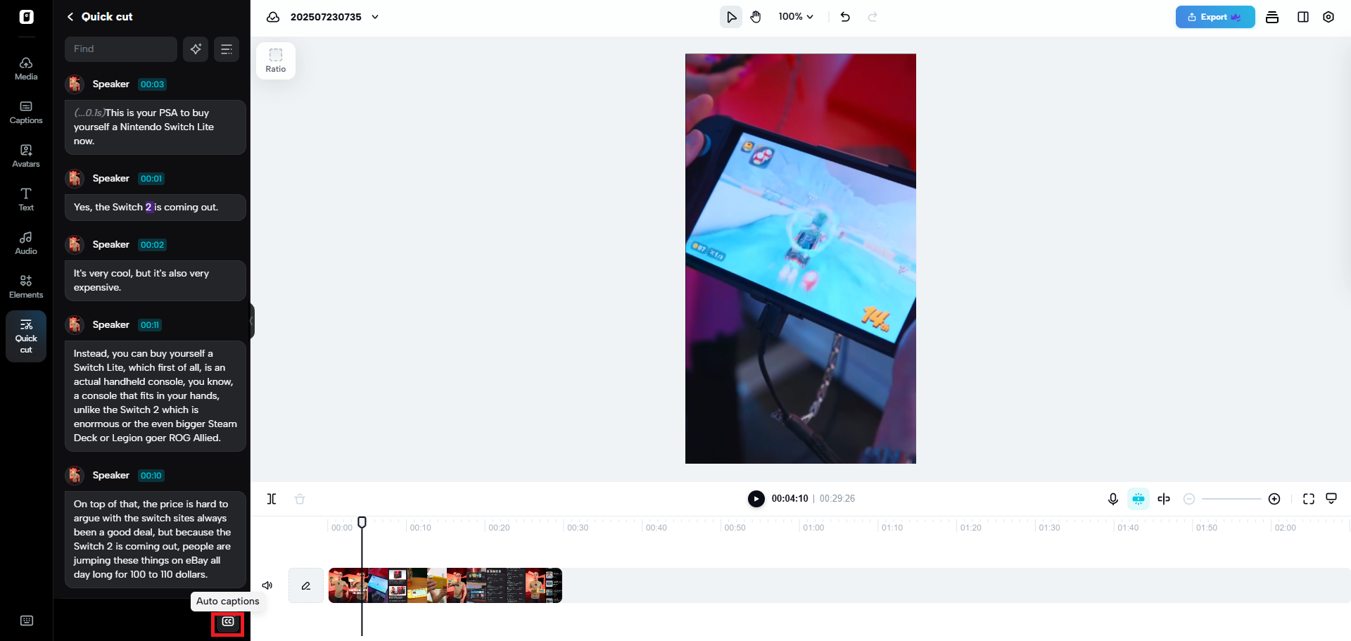 Select the auto captions feature