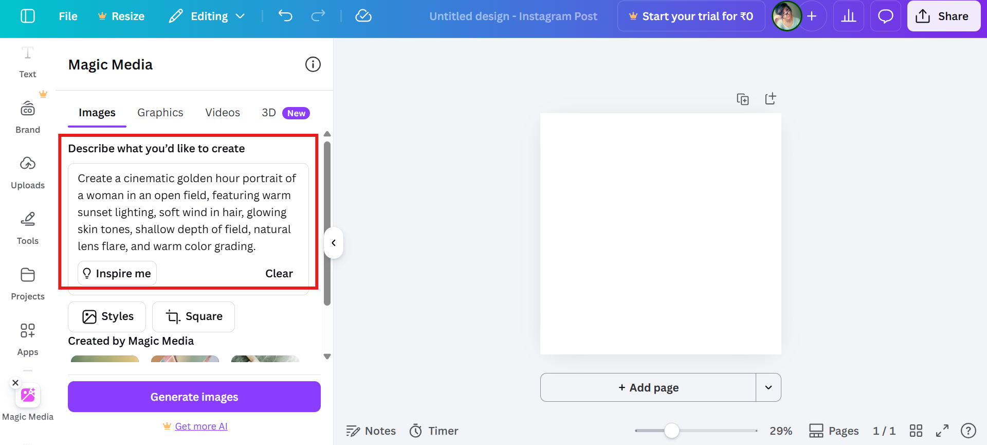 Enter AI prompt to generate a portrait