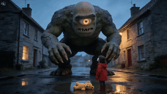 The one-eyed giant reaches down, lifts the yellow teddy bear from the puddle and holds it out to the girl, while its bared teeth close and its face turns into a broad grin.