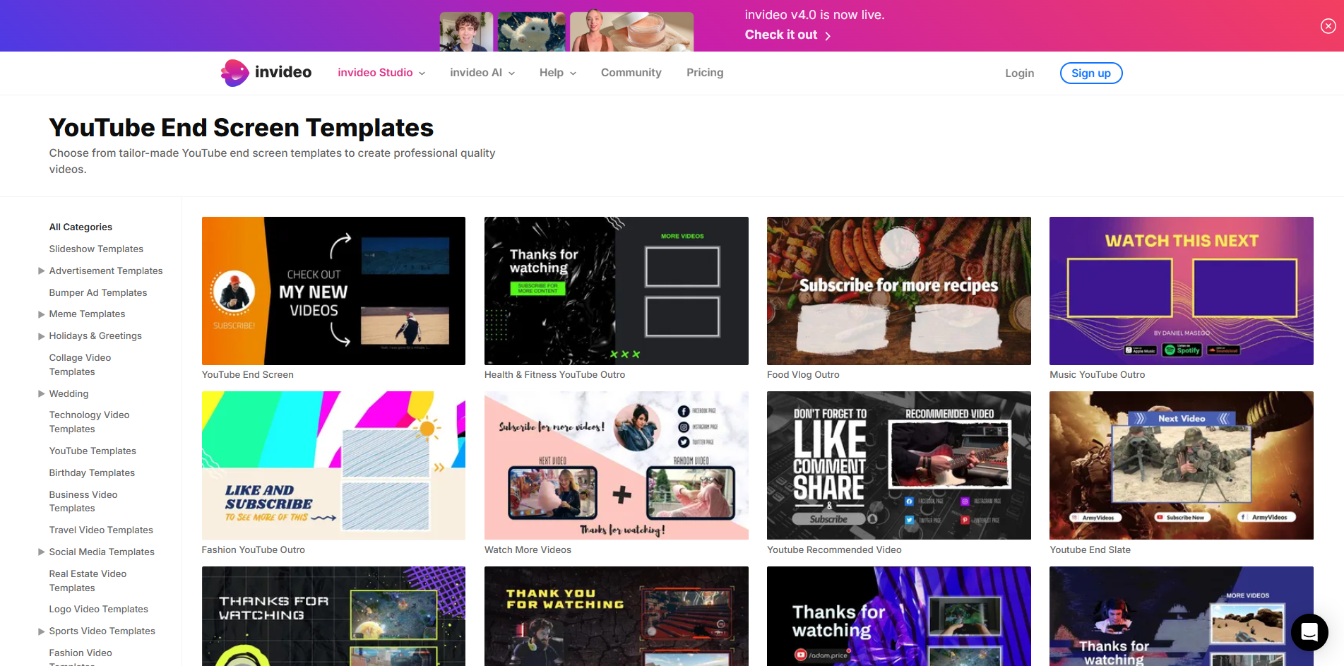 Interface of Invideo AI - the most liked tool to edit YouTube end screen templates