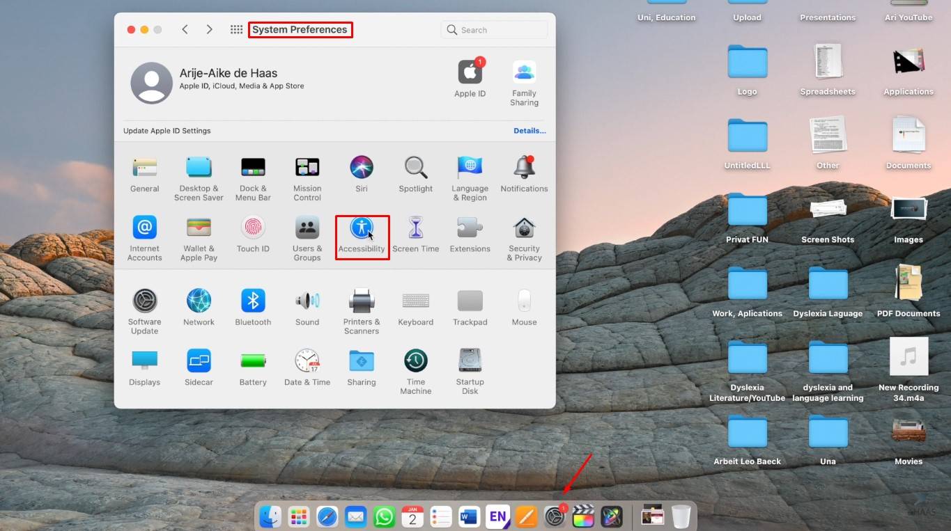 Opening the system settings to enable text to speech on Mac