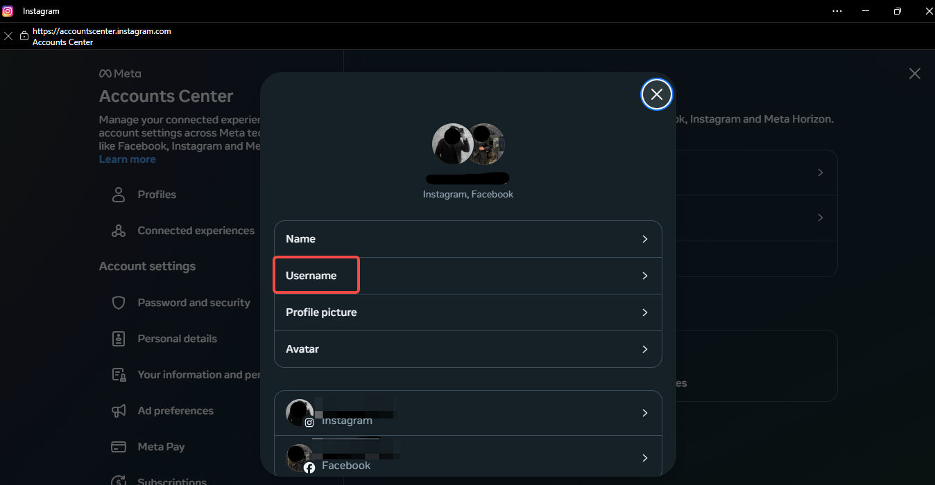 Cambiar el nombre de usuario de Instagram en el escritorio