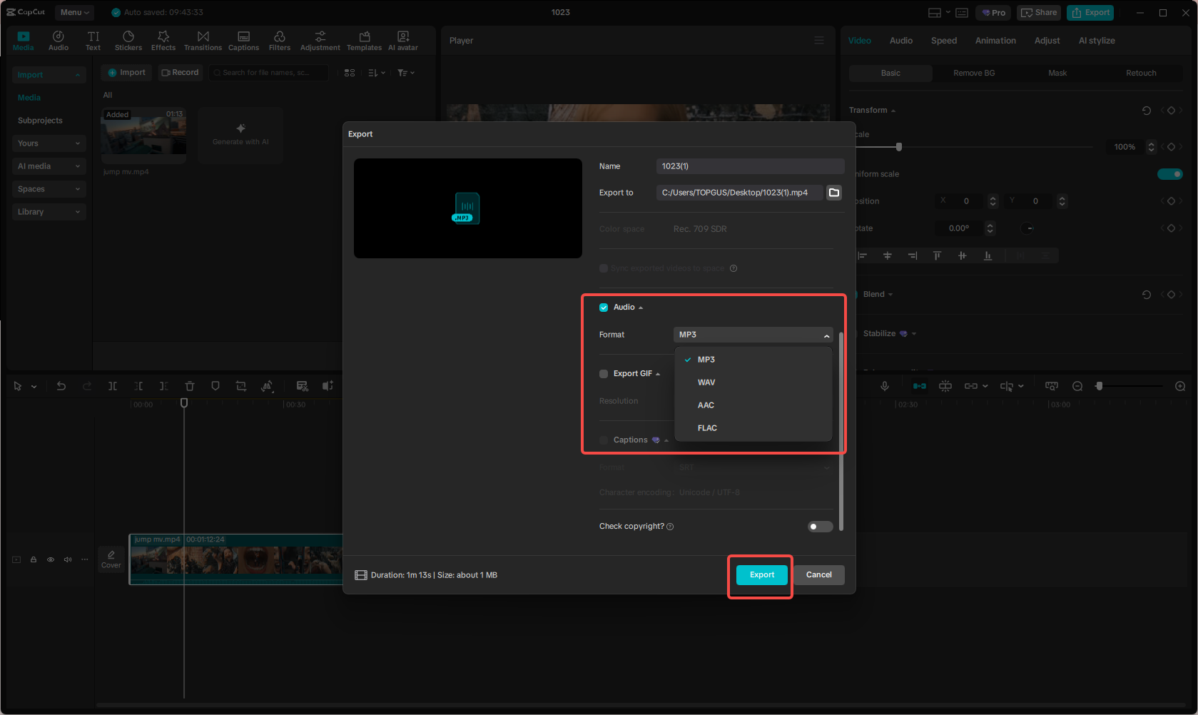 Download a high-quality music file from CapCut