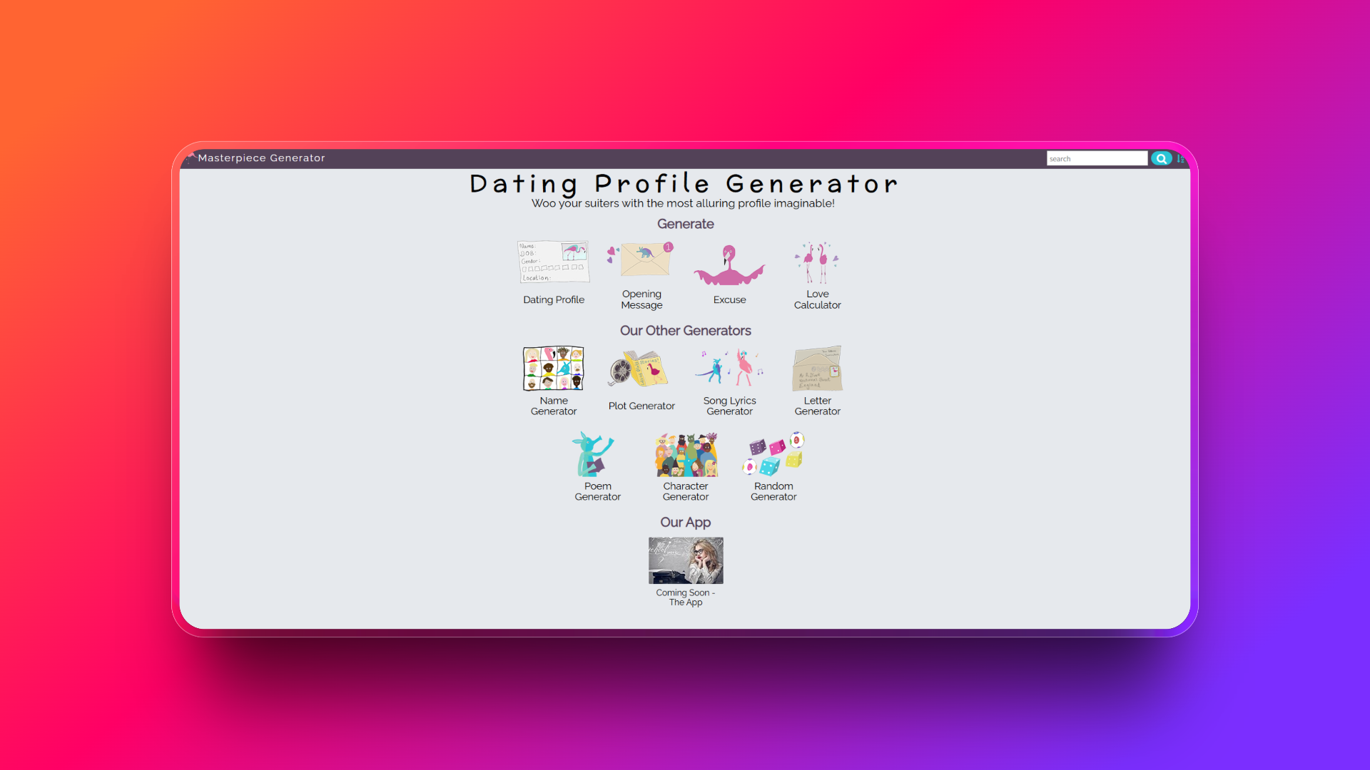 Masterpiece Generator for dating profiles