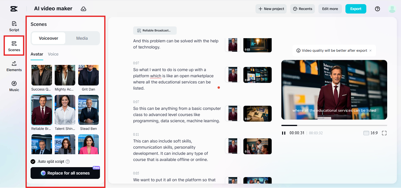 選擇虛擬形象和配音