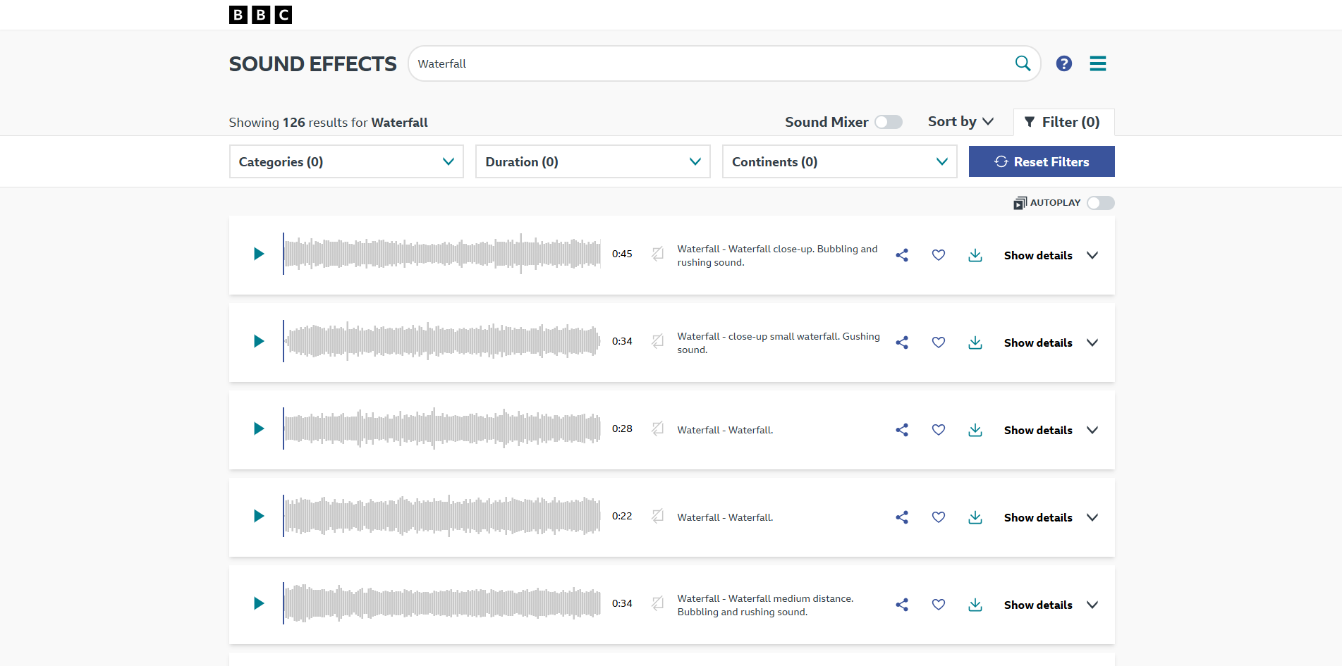 Interface of the BBC Sound Effects - a good resource for waterfall sound effects