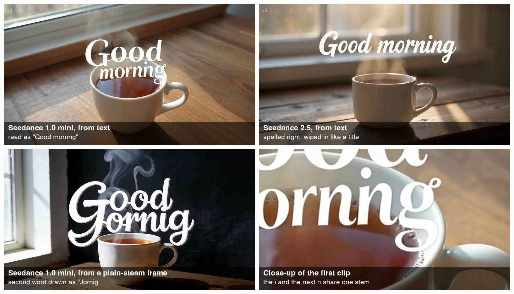 Four panels: a serif Good morning title over a cup, a brush-script Good morning title in front of a window, a shadowed script reading Good Jornig over a cup, and a close-up of the misspelled second word.