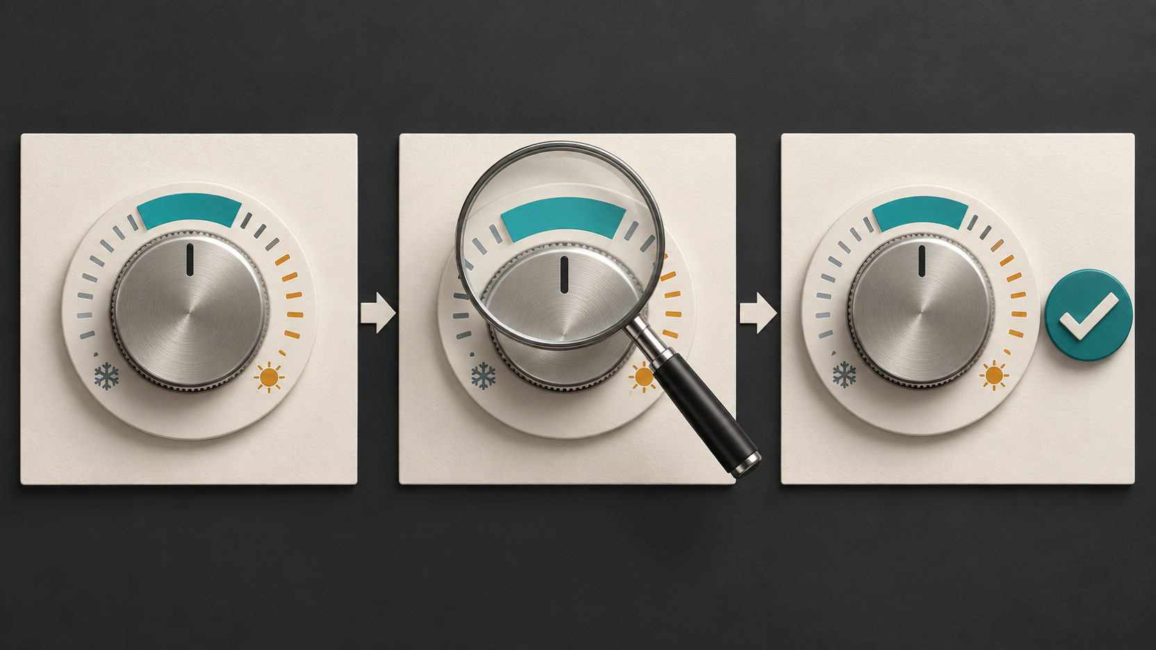 Three original panels show the same dial as a selected range, a close inspection, and a final confirmed check