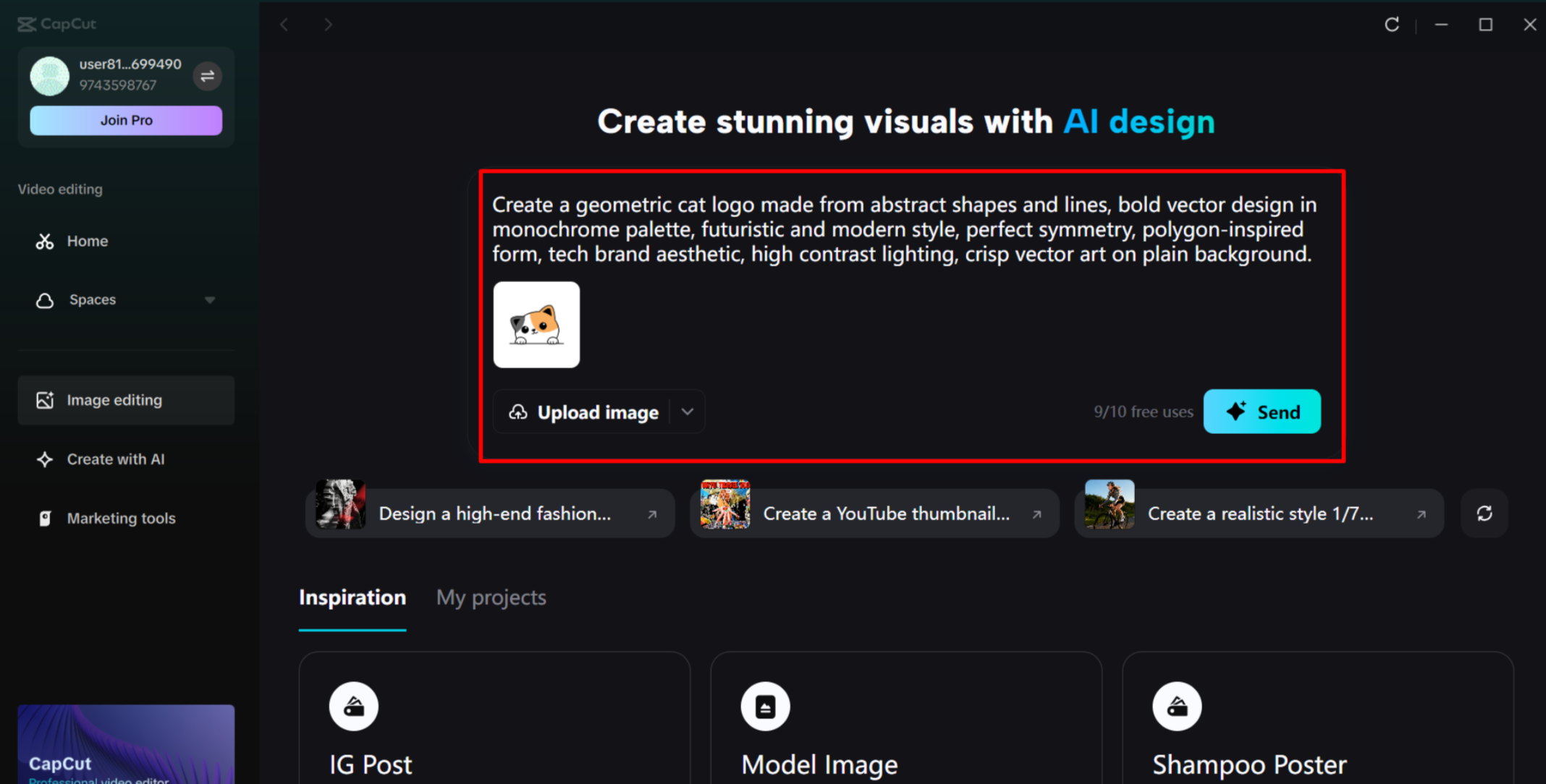 Generating a cat logo in the CapCut desktop video editor