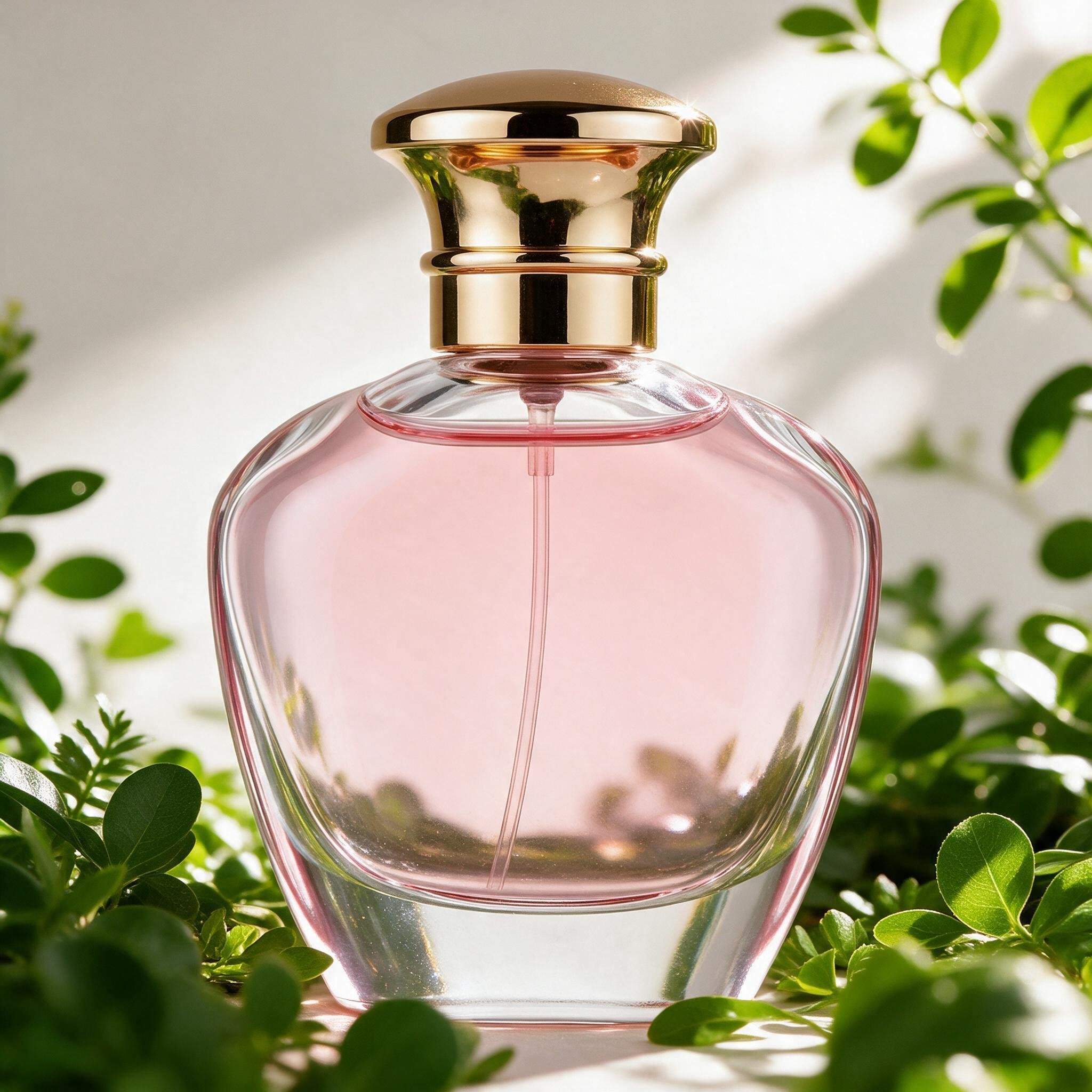 Pink perfume bottle surrounded by fresh green leaves in bright natural sunlight.