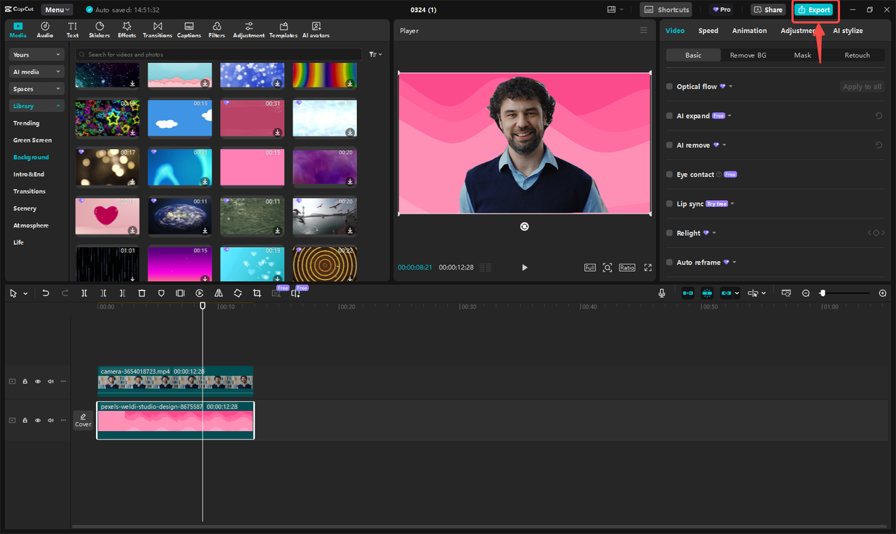Export the recording video with a virtual background