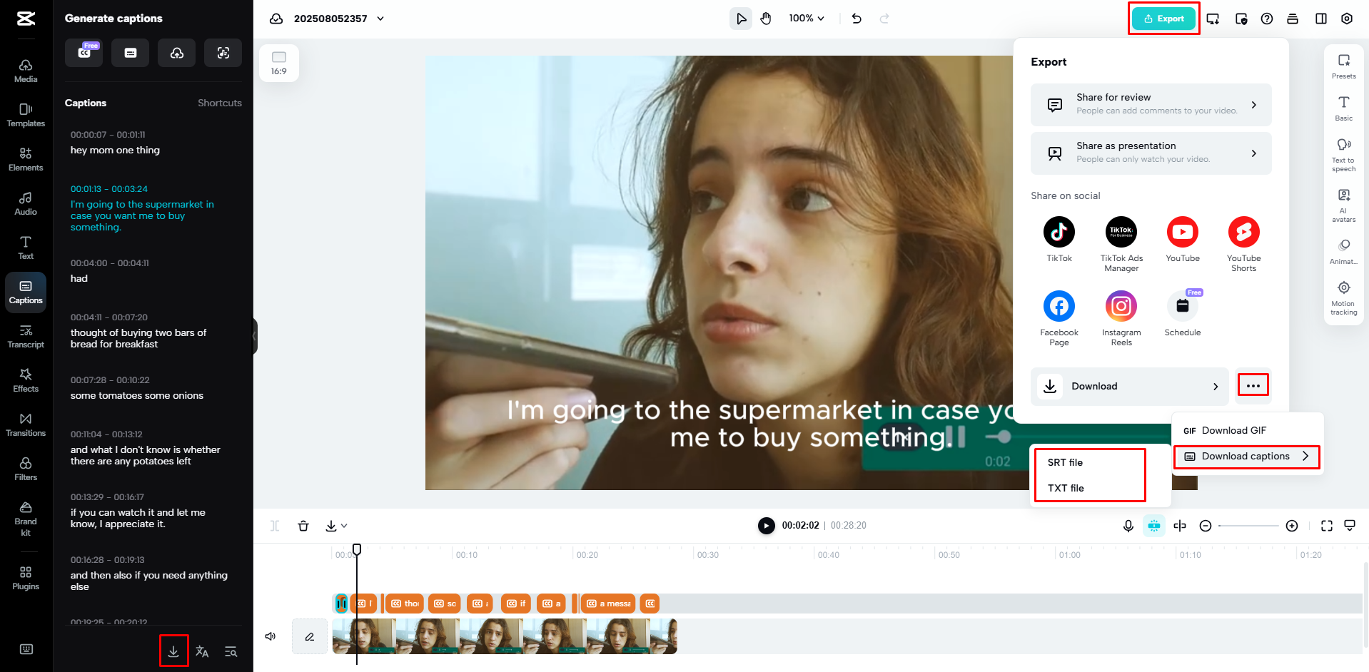 Downloading English captions from CapCut Web