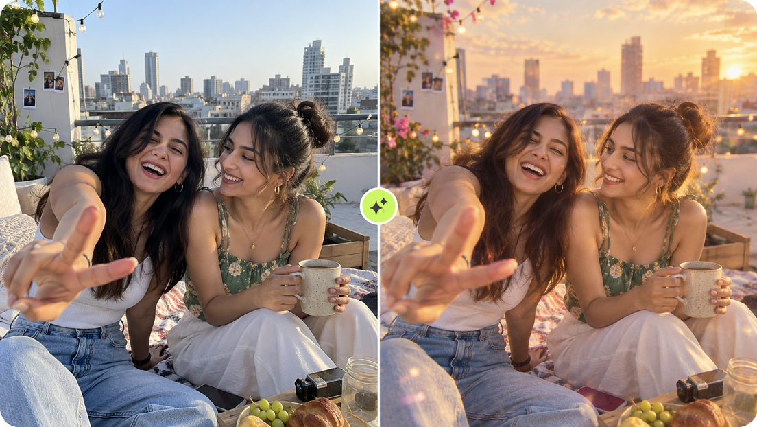 Rooftop picnic portrait compared with a softly luminous creative AI effect