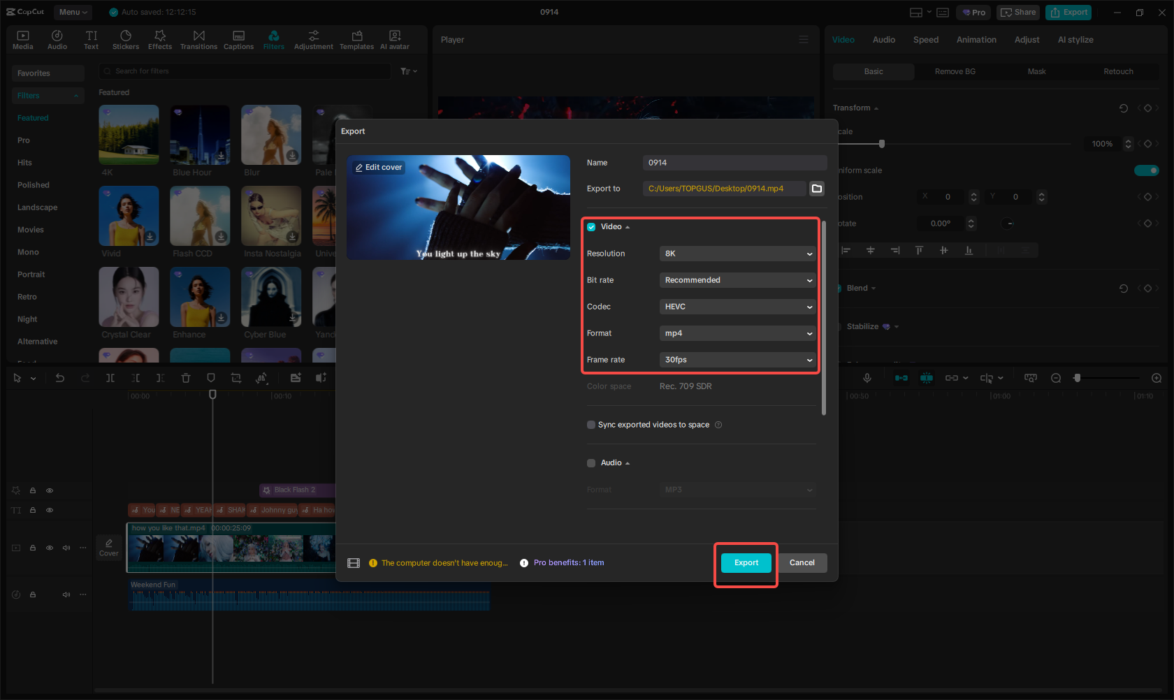 Export the high-quality video