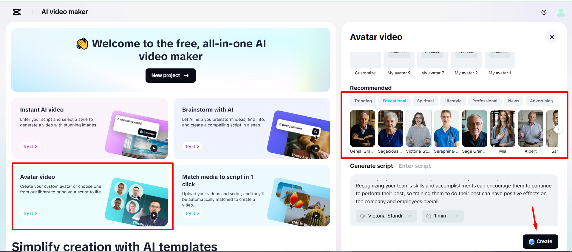 Choosing an avatar on the CapCut Web