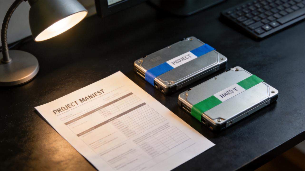 Project manifest beside two labeled hard drives on a desk