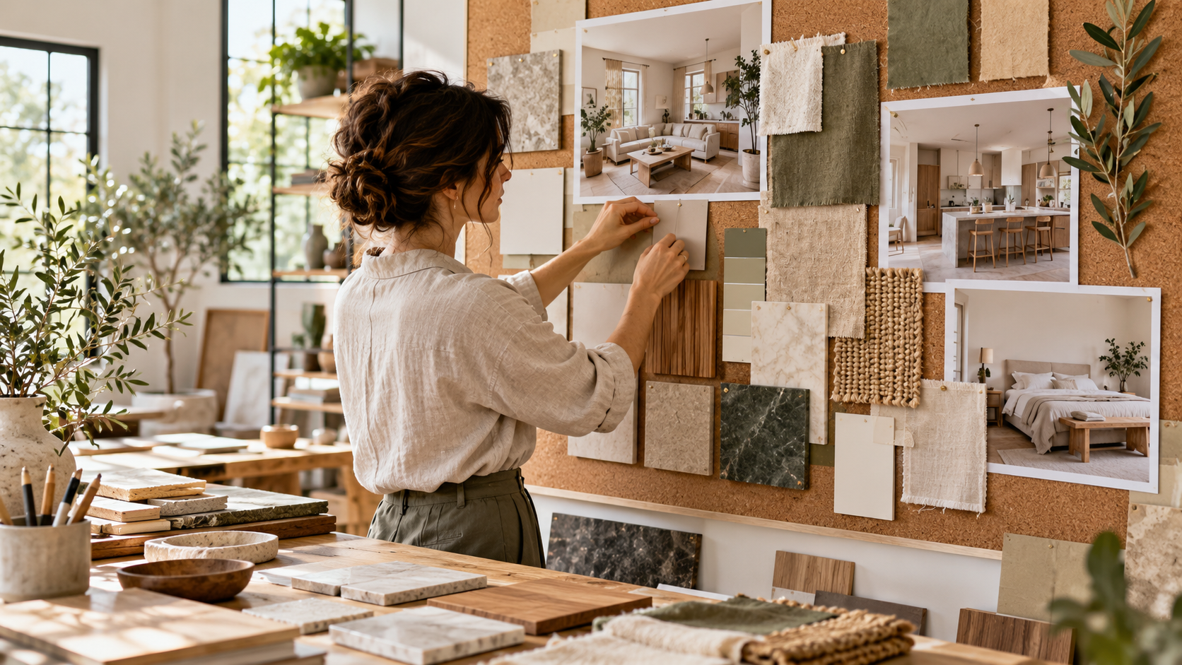 AI mood board maker: Interior materials on a cork wall