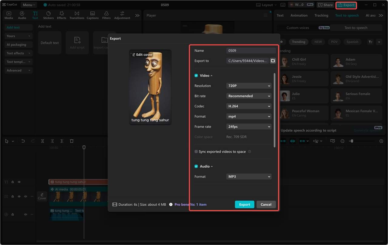 Export the generated video