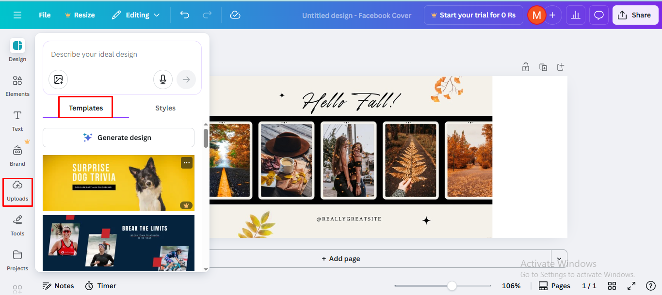 Choosing a Facebook cover layout on Canva