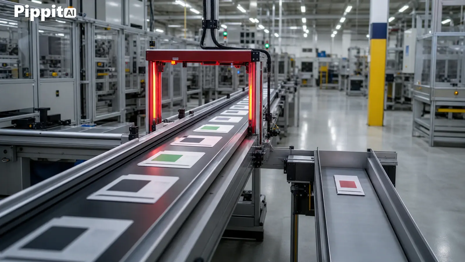 Automated factory conveyor with colored cards passing under a red scanner
