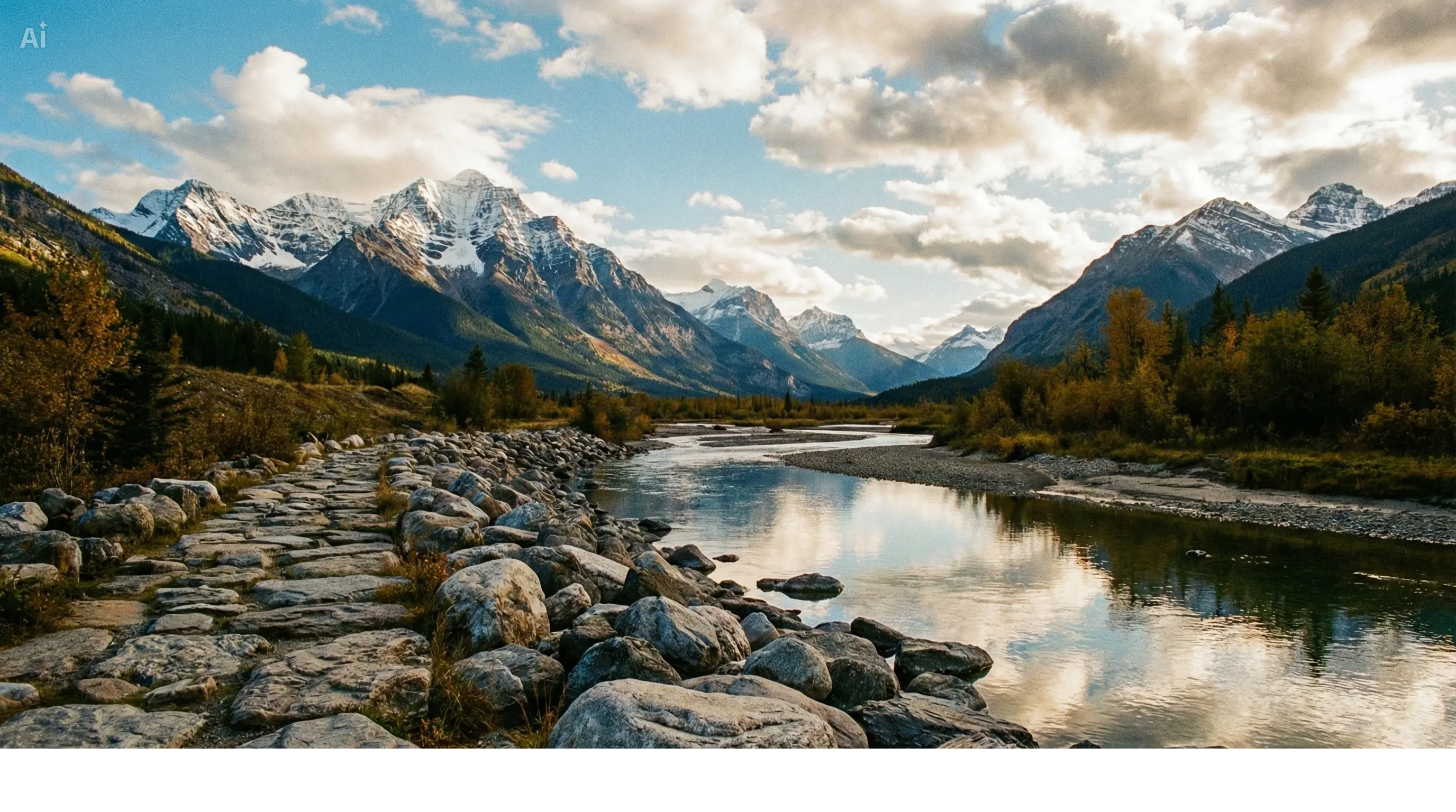 Wide-angle mountains, river, and sky view