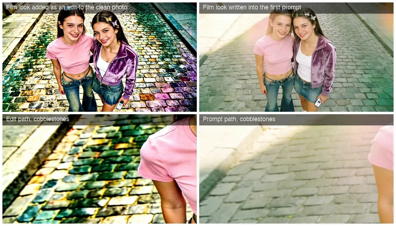 Two smiling young women posing on a cobblestone street, shown in a four-panel edit comparison.
