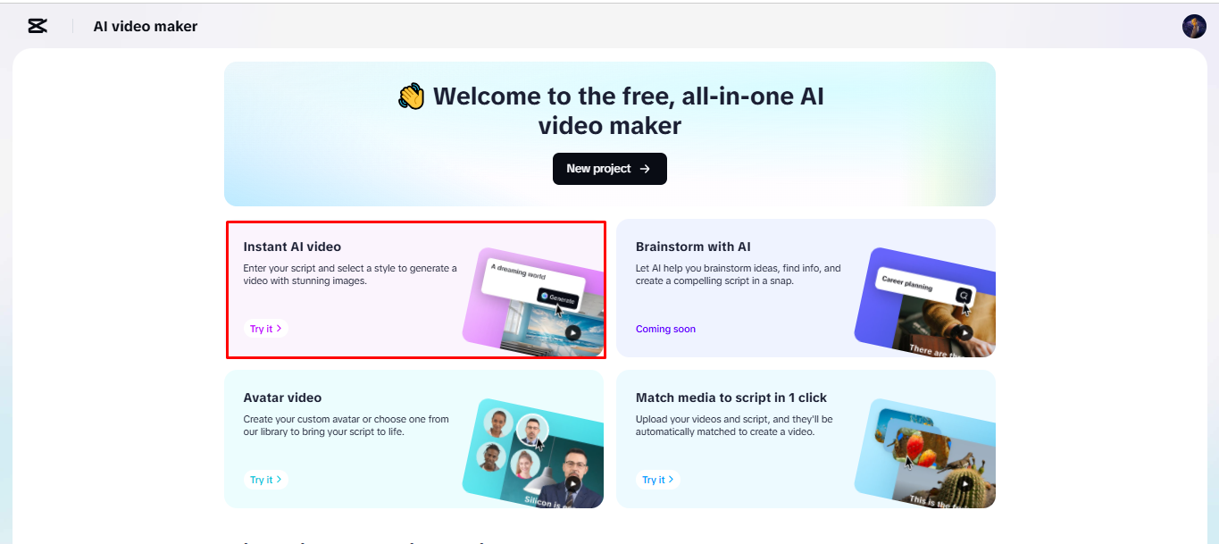 Accessing the AI video maker in the CapCut